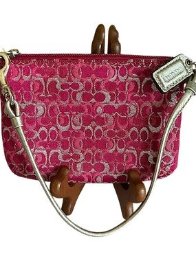 Coach Pink Signature Jacquard Wristlet with Metallic Silver Strap